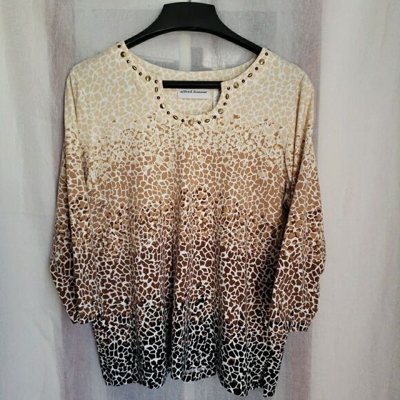 Alfred Dunner 3/4 Sleeve Animal Print Giraffe Blouse Cotton Stretch Women Size M - Picture 1 of 7
